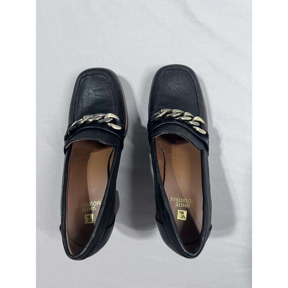 White Mountain Shoe Women 8 Black Loafer Heel Y2K 90s Chain Accent Dark Academia - Picture 3 of 9
